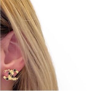 CHANEL Gold and Black Stud Logo Earrings